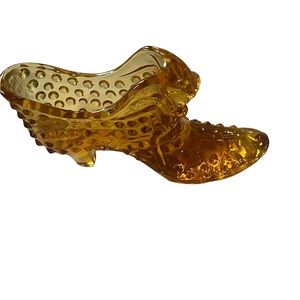 Fenton Art Glass Hobnail Cat Head Slipper Shoe Glass Amberina Orange